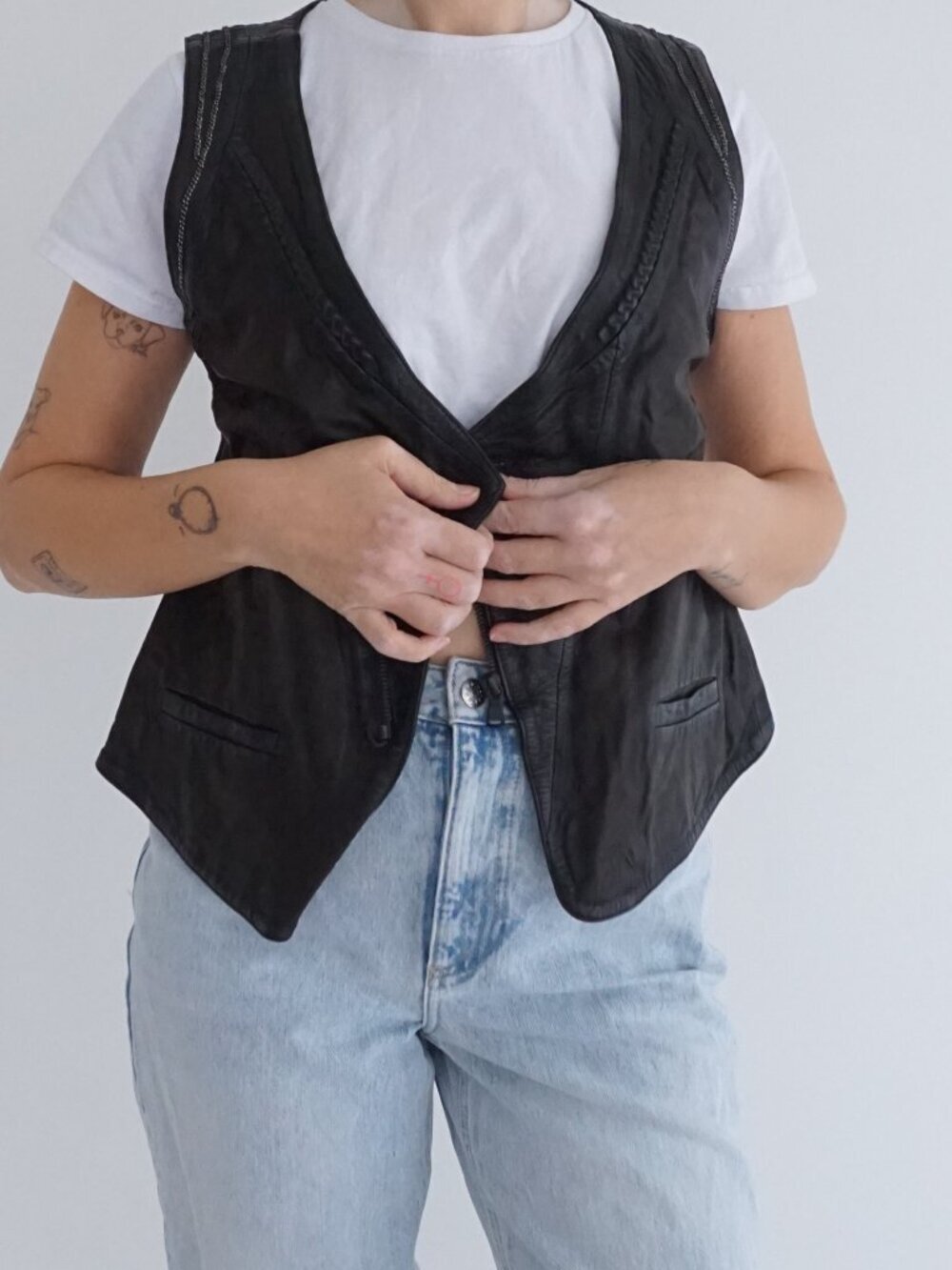 Vintage Diesel Black Leather Cutout Back Moto Button Vest Lamb Leather Biker M